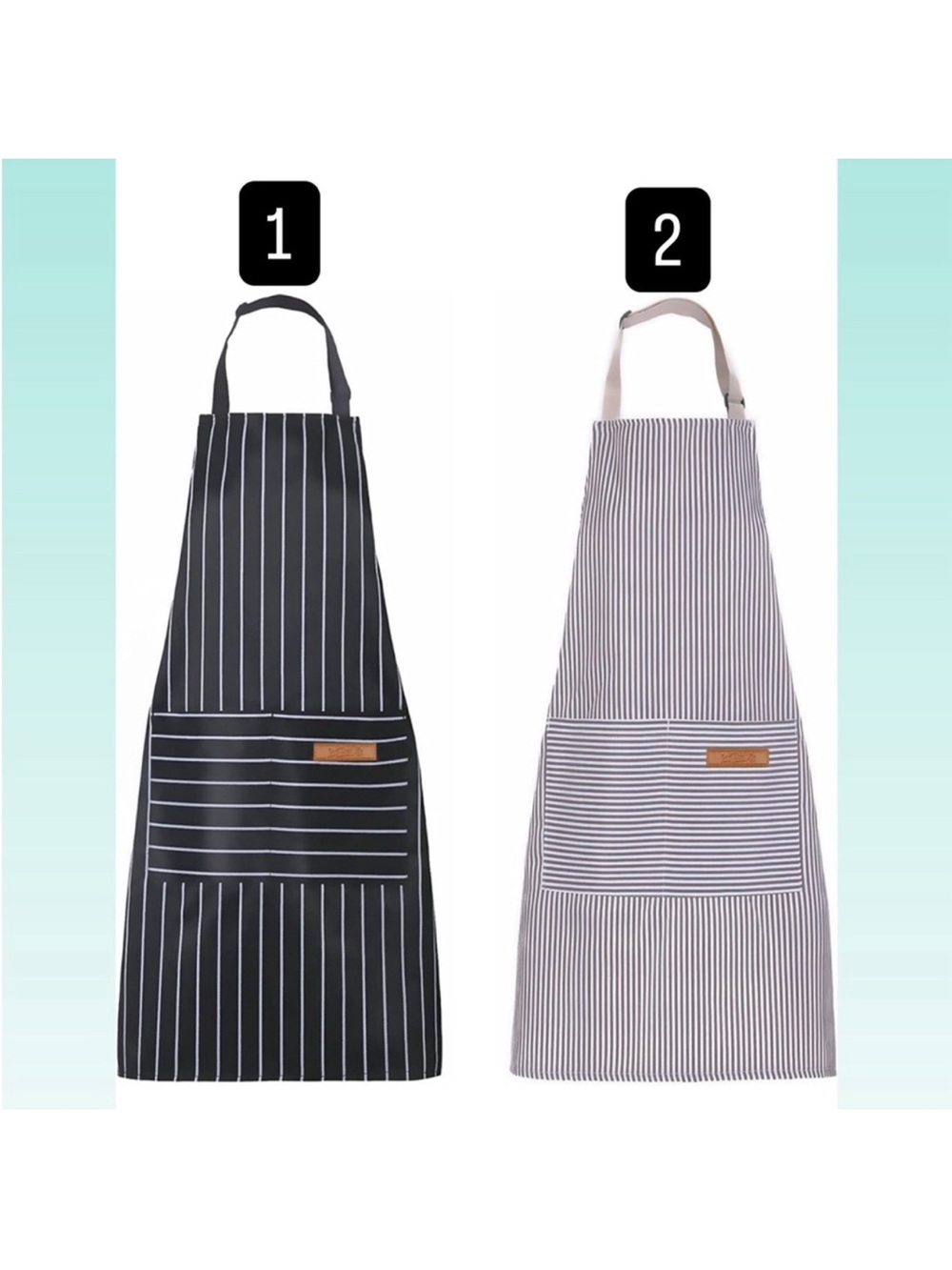 2 Striped Kitchen Aprons - Black/White Stripe and tan/gray Stripe size Small